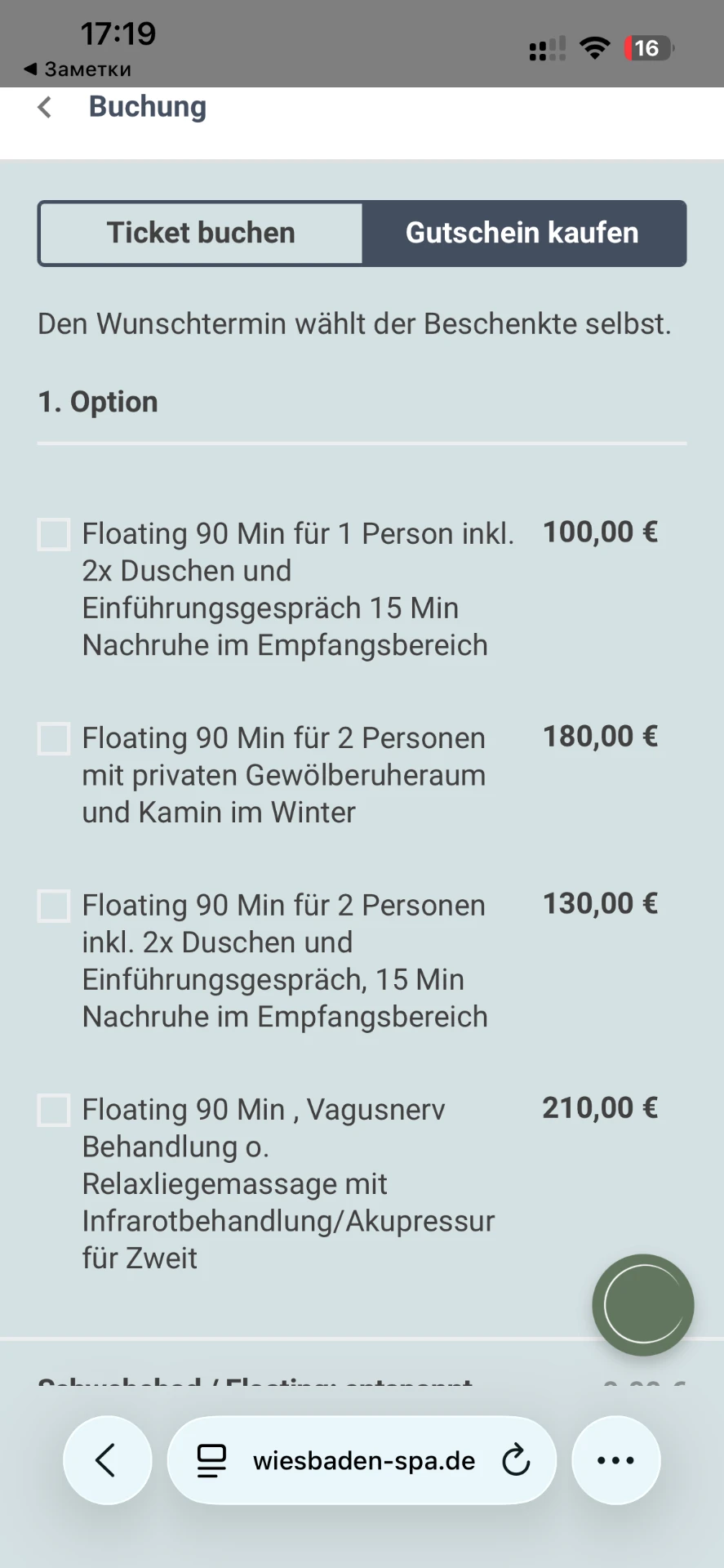 Floating hizmet listesi ve fiyatların yer aldığı eski mobil booking ekranı
